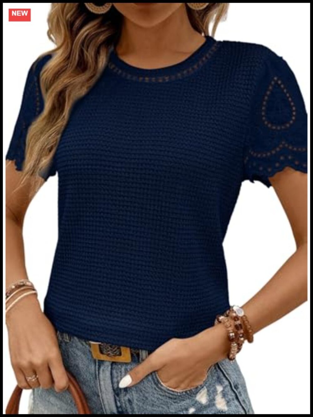 Women's Waffle Knit Crewneck Short Sleeve T-Shirt Summer Top